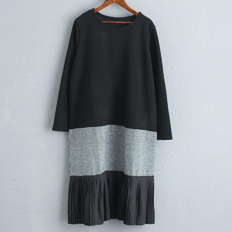 Spring Autumn Long Sleeve Round Neck Splicing Dress