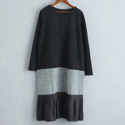 Spring Autumn Long Sleeve Round Neck Splicing Dress