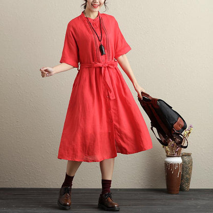 Stylish Hollowed Single Breasted Short Sleeves Ramie Pure Red Women Dress