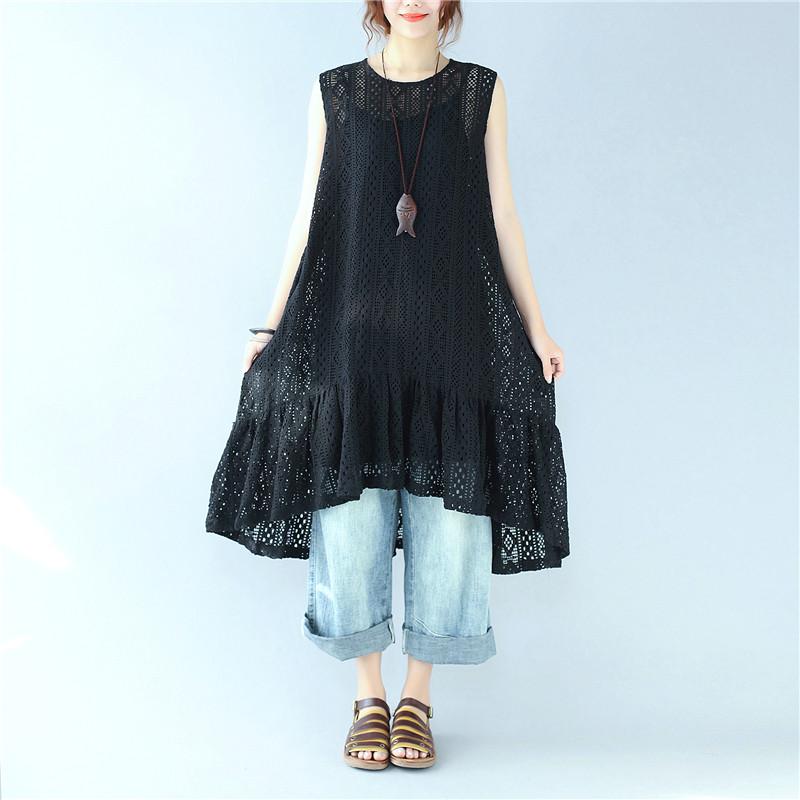Elegant Hollow Sleeveless Cotton Woman Black Vest Dress
