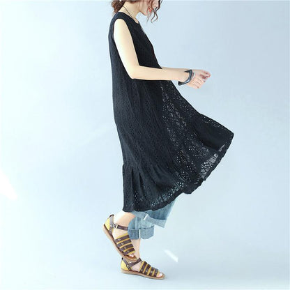 Elegant Hollow Sleeveless Cotton Woman Black Vest Dress
