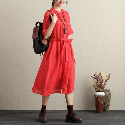 Stylish Hollowed Single Breasted Short Sleeves Ramie Pure Red Women Dress