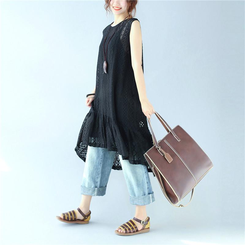 Elegant Hollow Sleeveless Cotton Woman Black Vest Dress
