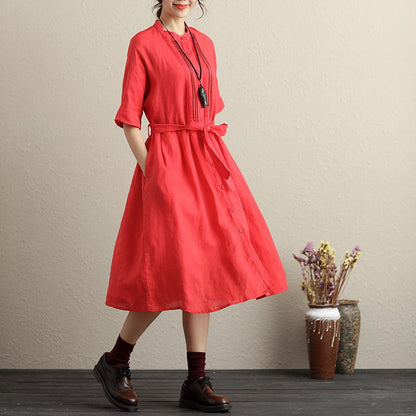 Stylish Hollowed Single Breasted Short Sleeves Ramie Pure Red Women Dress