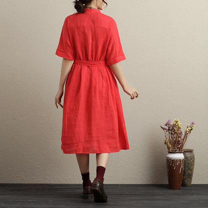 Stylish Hollowed Single Breasted Short Sleeves Ramie Pure Red Women Dress