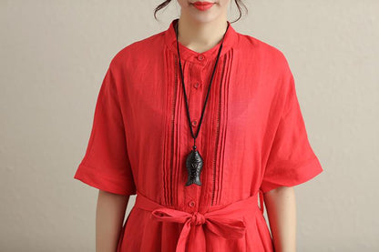Stylish Hollowed Single Breasted Short Sleeves Ramie Pure Red Women Dress