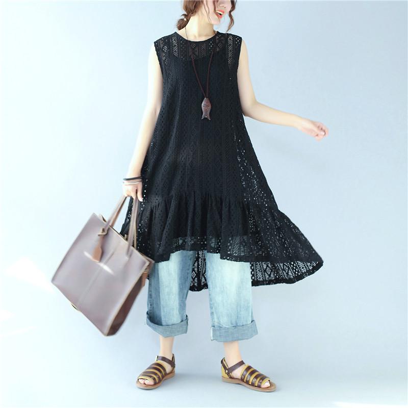 Elegant Hollow Sleeveless Cotton Woman Black Vest Dress