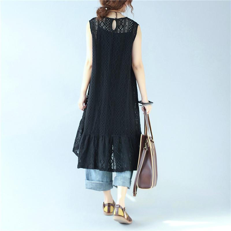 Elegant Hollow Sleeveless Cotton Woman Black Vest Dress