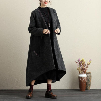 Women Autumn Winter Button-Front Applique Irregular Long Sleeve Coat