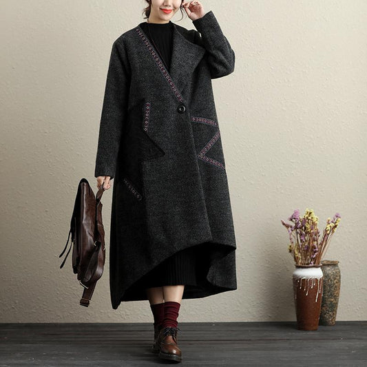 Women Autumn Winter Button-Front Applique Irregular Long Sleeve Coat