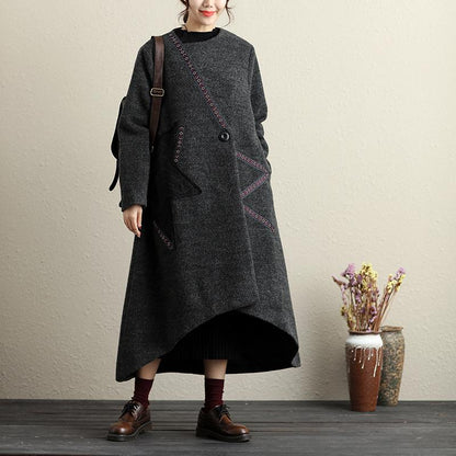 Women Autumn Winter Button-Front Applique Irregular Long Sleeve Coat