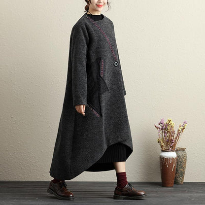 Women Autumn Winter Button-Front Applique Irregular Long Sleeve Coat