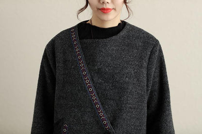 Women Autumn Winter Button-Front Applique Irregular Long Sleeve Coat