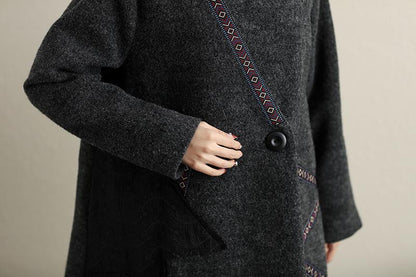 Pockets Button-Front Applique Irregular Long Sleeve Coat