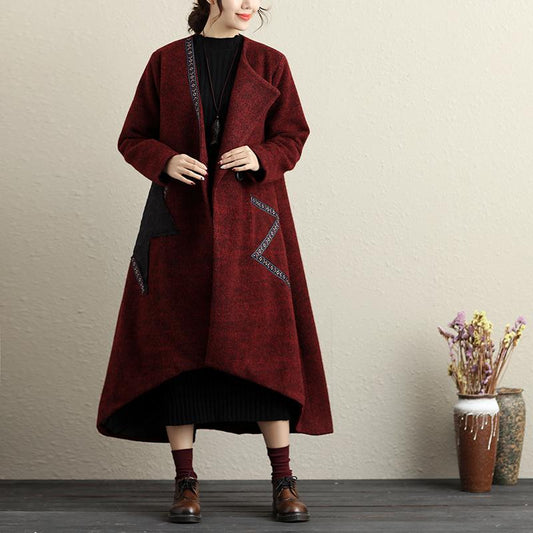 Pockets Button-Front Applique Irregular Long Sleeve Coat