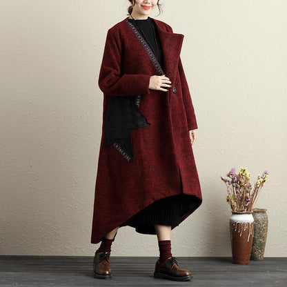 Pockets Button-Front Applique Irregular Long Sleeve Coat
