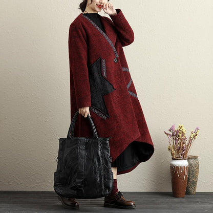 Pockets Button-Front Applique Irregular Long Sleeve Coat