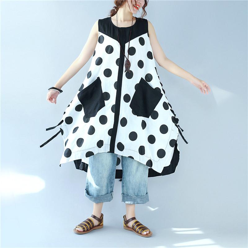 Splicing Women Loose Casual Printing Dot Lacing Splitting White Dress