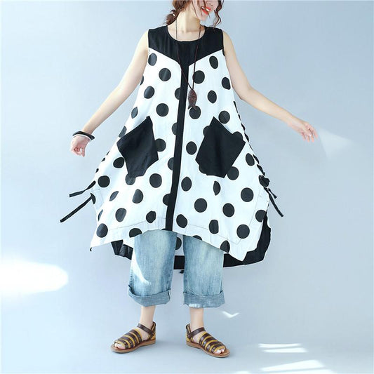 Splicing Women Loose Casual Printing Dot Lacing Splitting White Dress