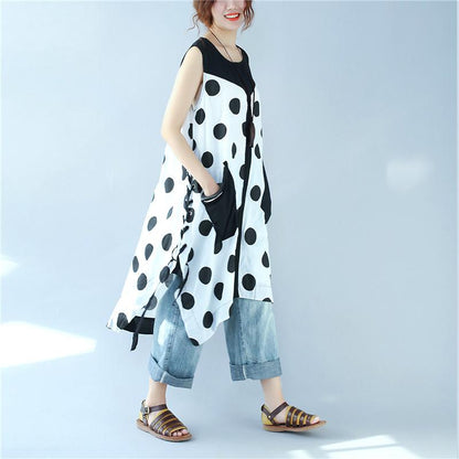 Splicing Women Loose Casual Printing Dot Lacing Splitting White Dress