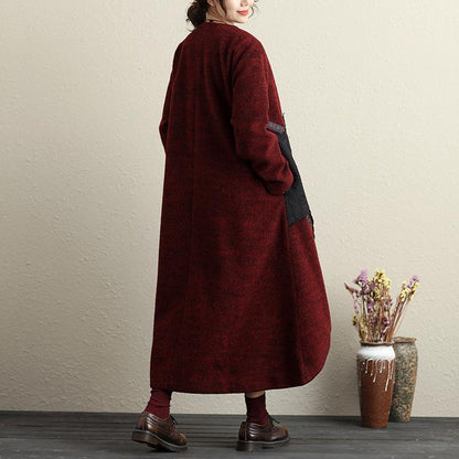Pockets Button-Front Applique Irregular Long Sleeve Coat