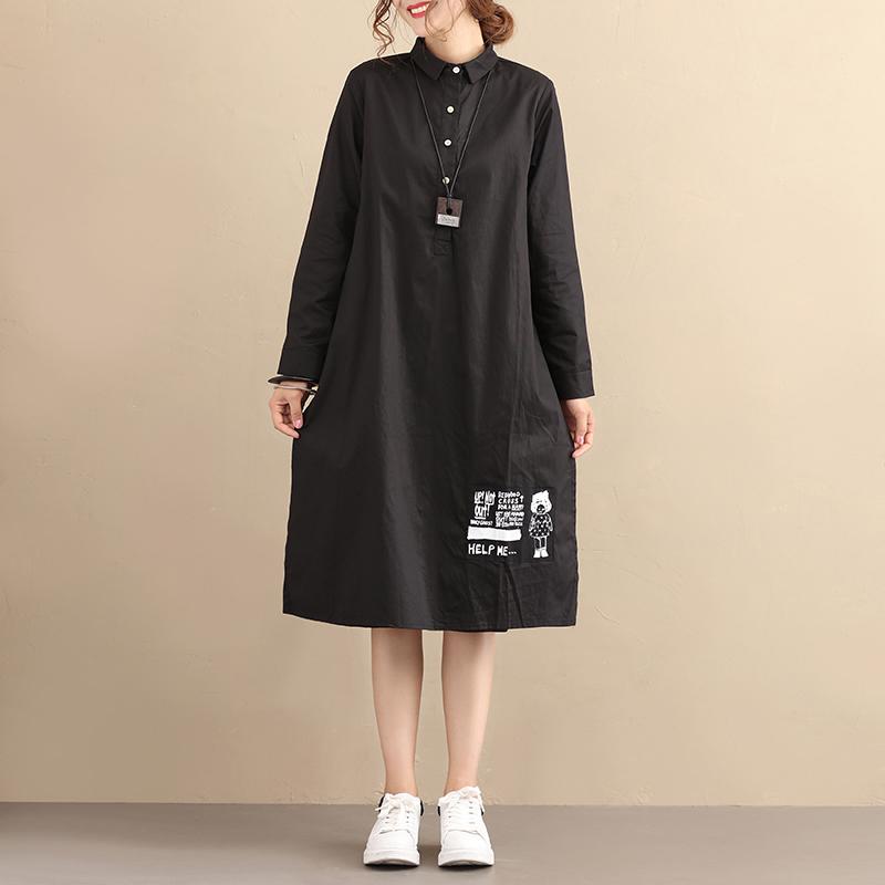 Casual Loose Cotton Long Sleeve Pleated Black Dress