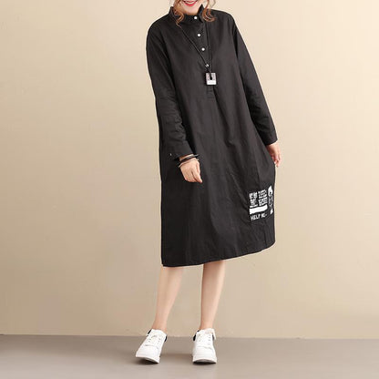 Casual Loose Cotton Long Sleeves Pleated Black Dress