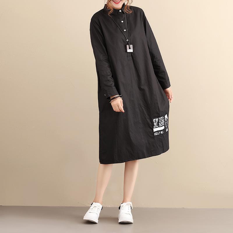 Casual Loose Cotton Long Sleeve Pleated Black Dress