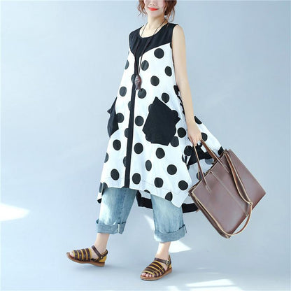 Splicing Women Loose Casual Printing Dot Lacing Splitting White Dress