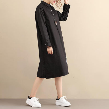 Casual Loose Cotton Long Sleeve Pleated Black Dress