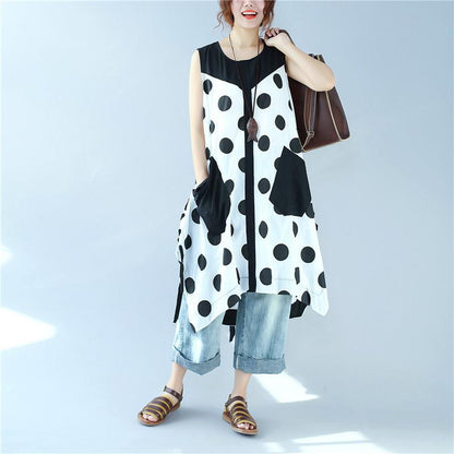 Splicing Women Loose Casual Printing Dot Lacing Splitting White Dress