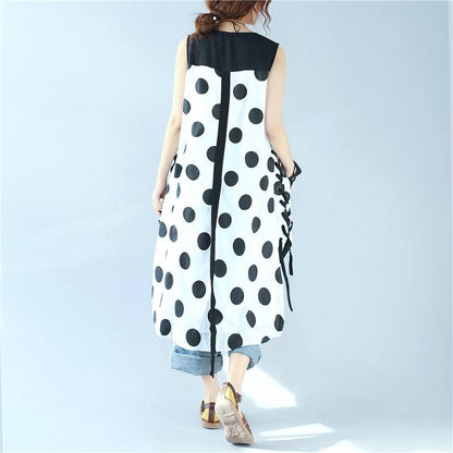 Splicing Women Loose Casual Printing Dot Lacing Splitting White Dress