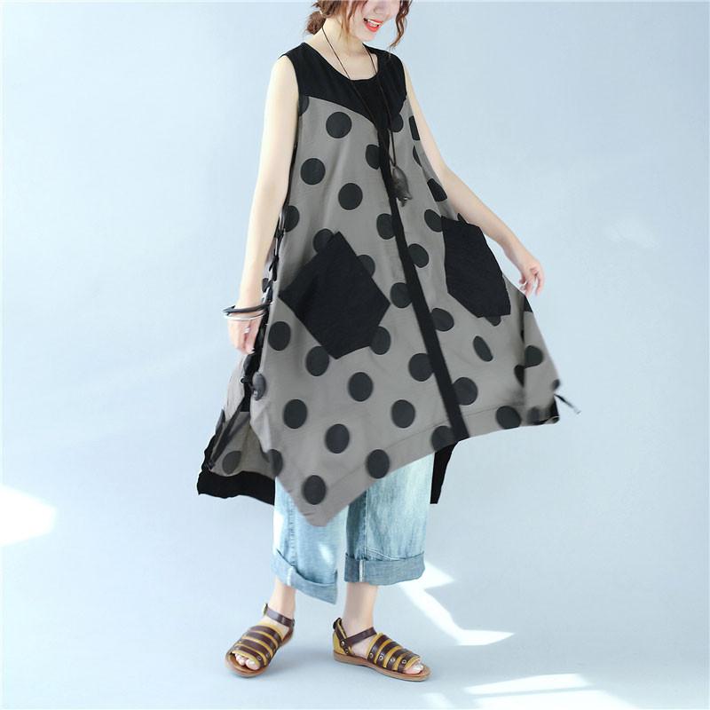 Splicing Women Loose Casual Printing Dot Lacing Splitting Coffee Dress¡¡