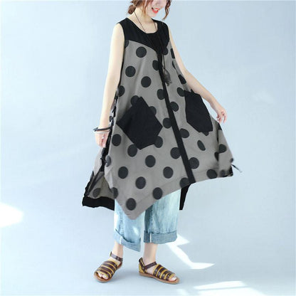 Splicing Women Loose Casual Printing Dot Lacing Splitting Coffee Dress¡¡