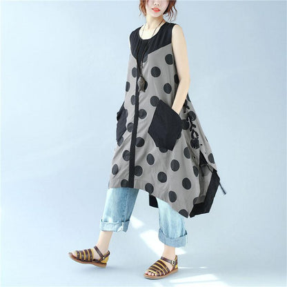 Splicing Women Loose Casual Printing Dot Lacing Splitting Coffee Dress¡¡