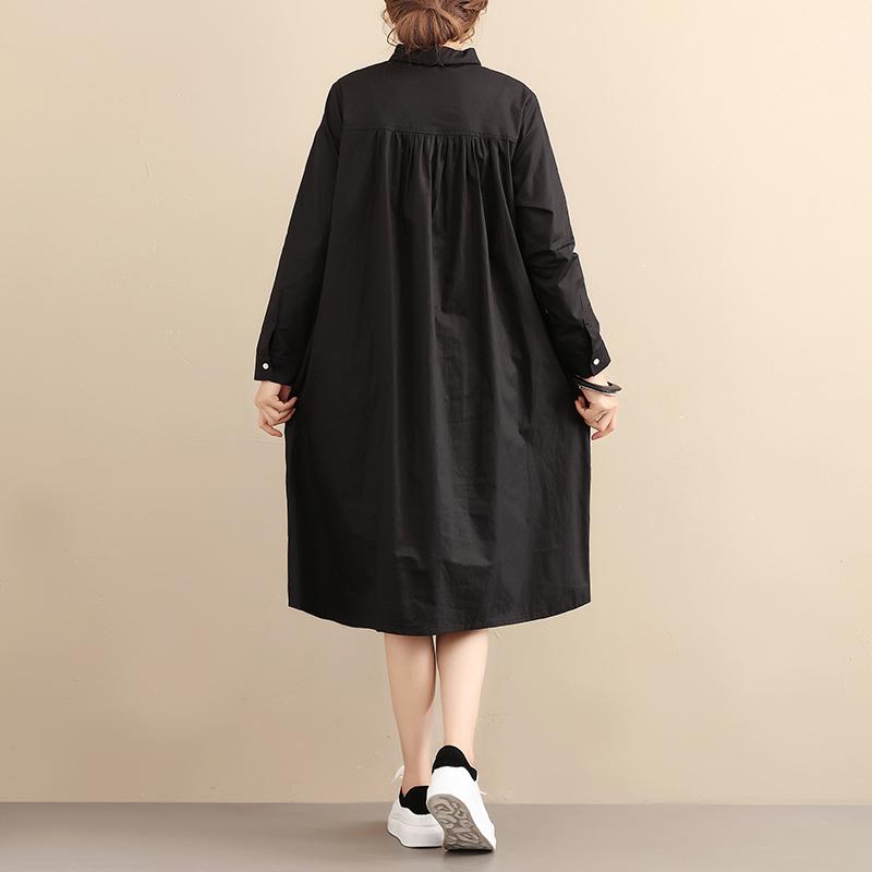 Casual Loose Cotton Long Sleeve Pleated Black Dress