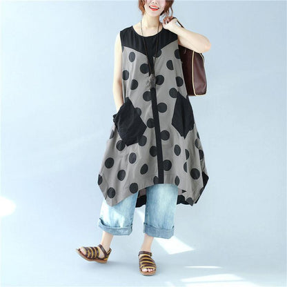 Splicing Women Loose Casual Printing Dot Lacing Splitting Coffee Dress¡¡