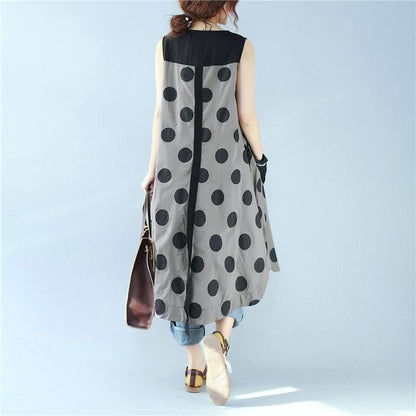 Splicing Women Loose Casual Printing Dot Lacing Splitting Coffee Dress¡¡