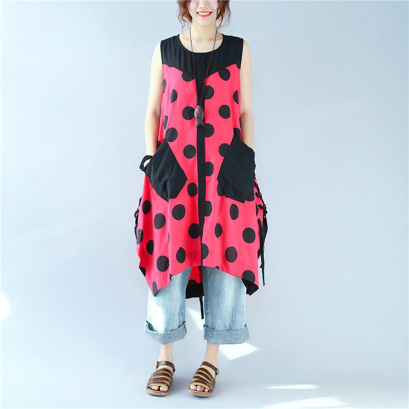 Splicing Women Loose Casual Printing Dot Lacing Splitting Red Dress