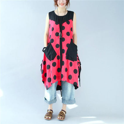 Splicing Women Loose Casual Printing Dot Lacing Splitting Red Dress