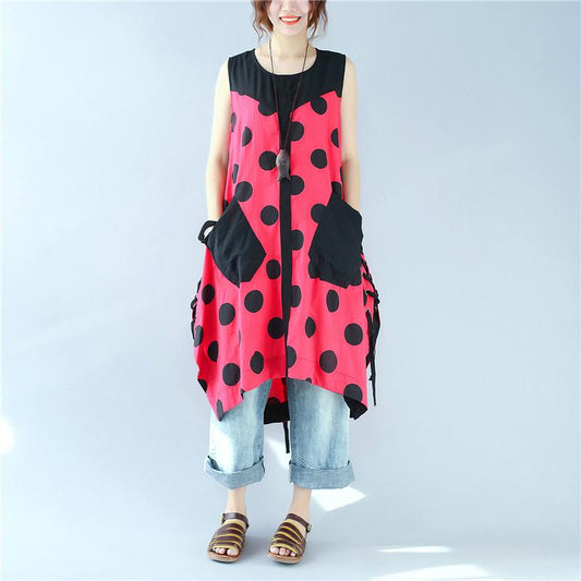 Splicing Women Loose Casual Printing Dot Lacing Splitting Red Dress