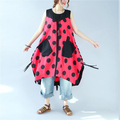 Splicing Women Loose Casual Printing Dot Lacing Splitting Red Dress