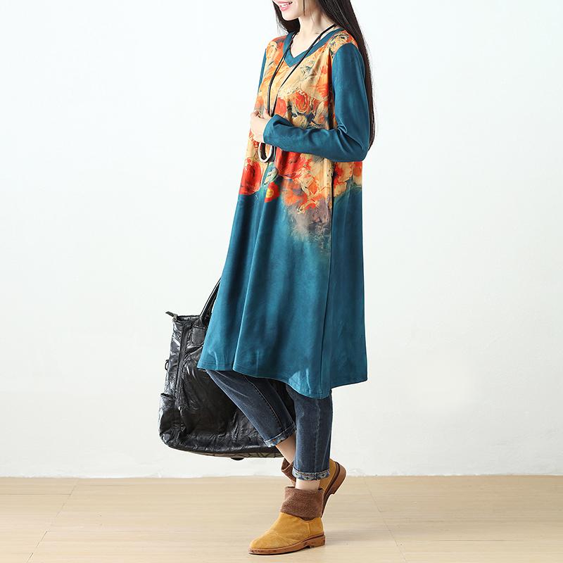 Women Printing Retro Pockets Long Sleeve Dress