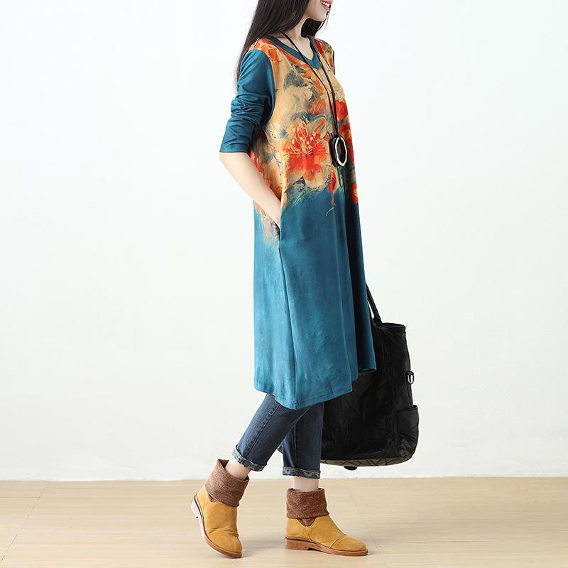 Women Printing Retro Pockets Long Sleeve Dress