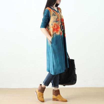 Women Printing Retro Pockets Long Sleeve Dress