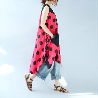 Splicing Women Loose Casual Printing Dot Lacing Splitting Red Dress