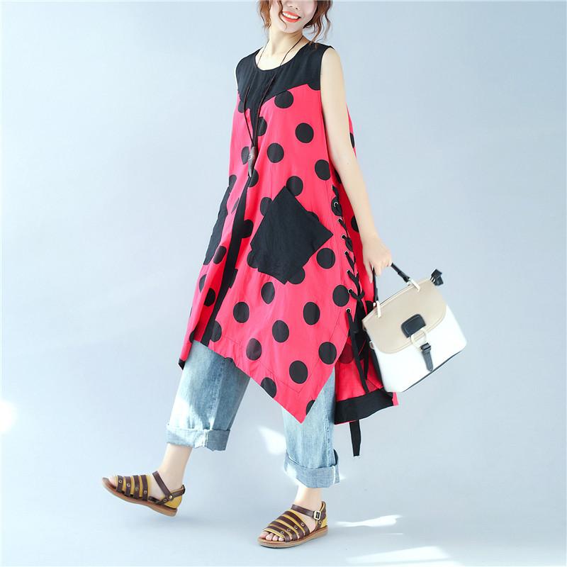 Splicing Women Loose Casual Printing Dot Lacing Splitting Red Dress