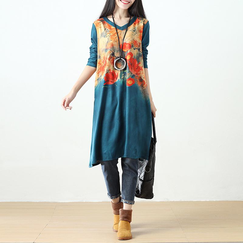 Women Printing Retro Pockets Long Sleeve Dress