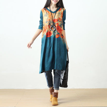 Women Printing Retro Pockets Long Sleeve Dress