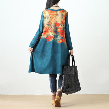 Women Printing Retro Pockets Long Sleeve Dress